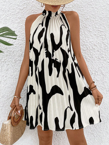 VCAY Women's Patterned Print Halter Pleated Dress