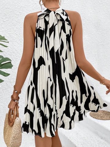 VCAY Women's Patterned Print Halter Pleated Dress