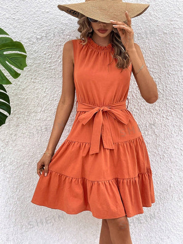 Women's Peter Pan Collar Ruffle Hem A-Line Dress With Scalloped Edges