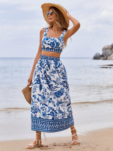 Women's Plant Print Crop Cami Top And Skirt Set
