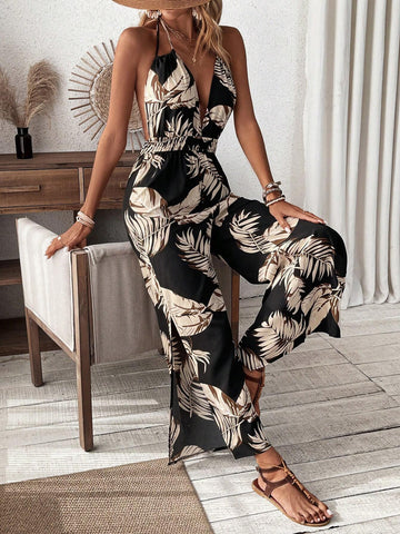 Women's Plant Print Halter Neck Backless Jumpsuit