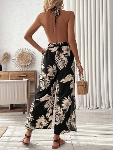 Women's Plant Print Halter Neck Backless Jumpsuit