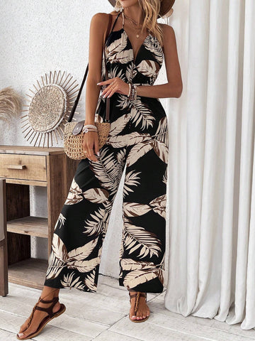 Women's Plant Print Halter Neck Backless Jumpsuit