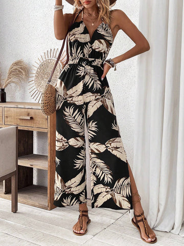 Women's Plant Print Halter Neck Backless Jumpsuit
