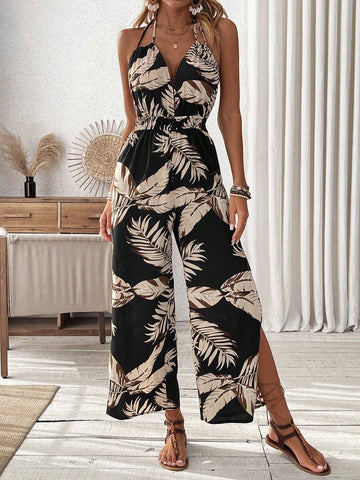 Women's Plant Print Halter Neck Backless Jumpsuit