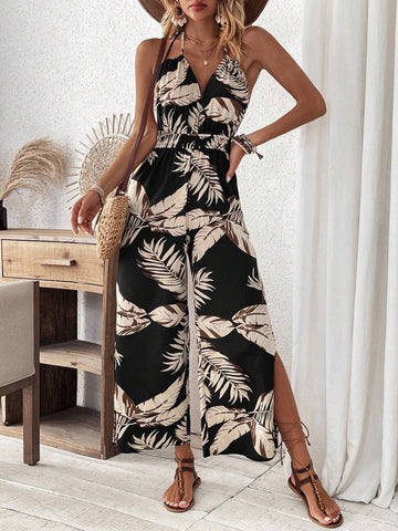 Women's Plant Print Halter Neck Backless Jumpsuit