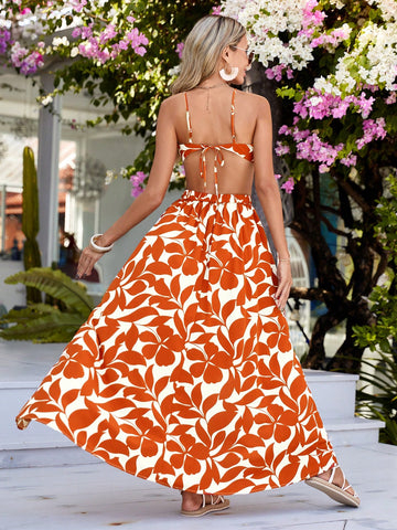 Women's Plant Print Hollow Out Spaghetti Strap Dress