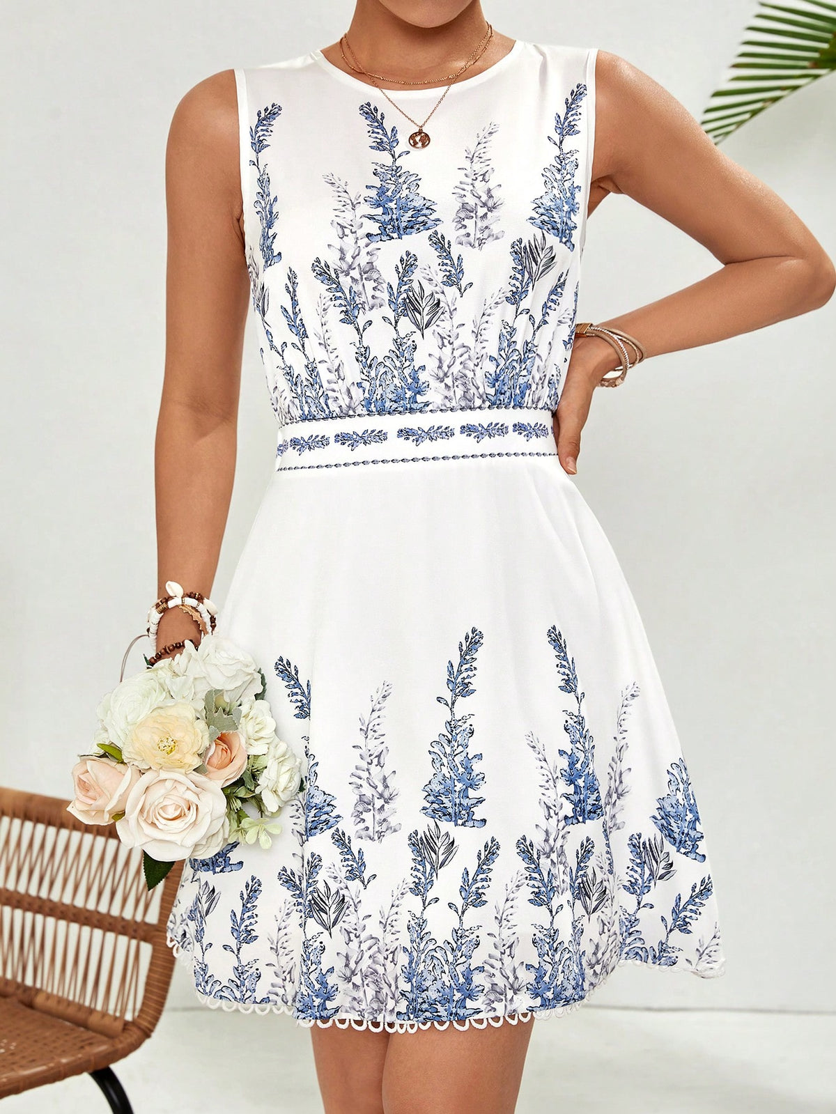 VCAY Women's Plant Print Sleeveless Dress
