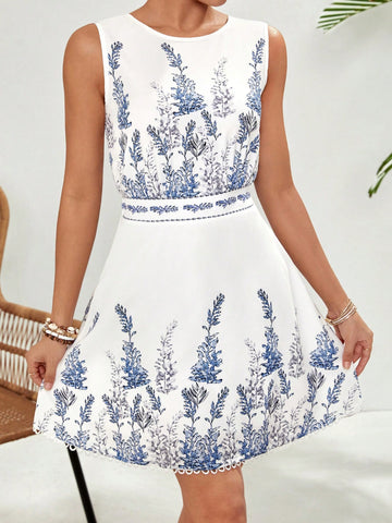 VCAY Women's Plant Print Sleeveless Dress