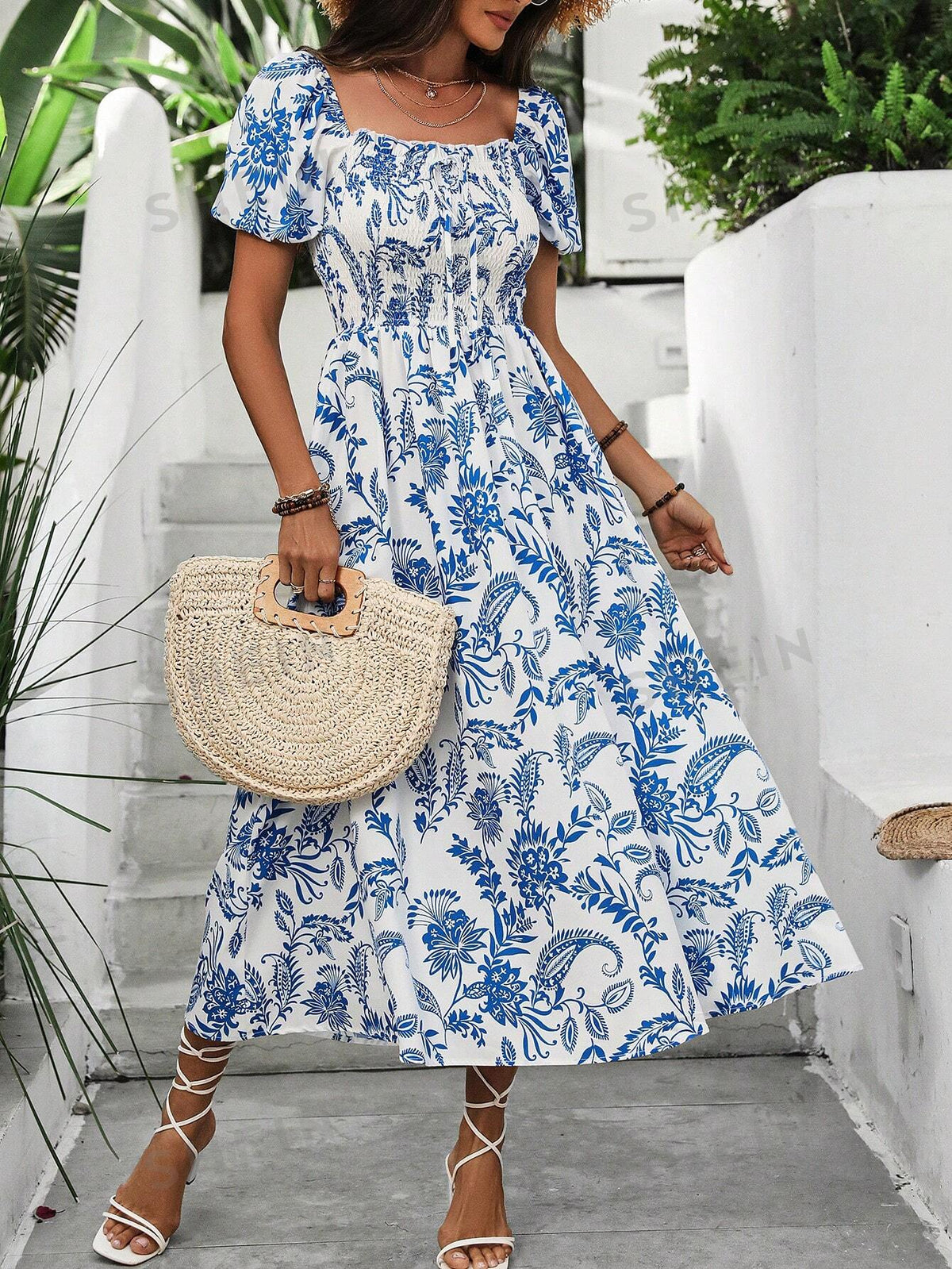 Women's Plant Print Square Neck Short Puff Sleeve Bubble Dress