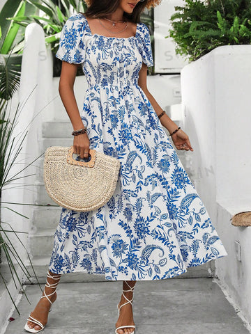 Women's Plant Print Square Neck Short Puff Sleeve Bubble Dress