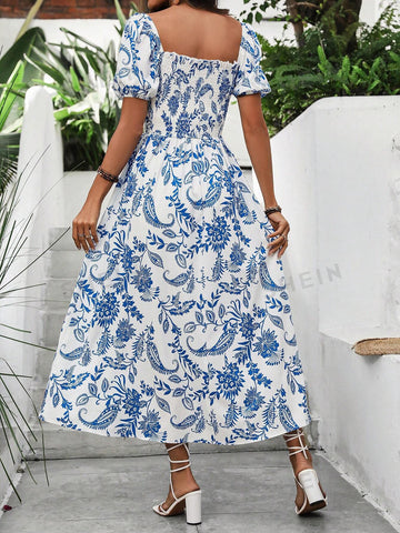Women's Plant Print Square Neck Short Puff Sleeve Bubble Dress