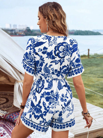 Women's Plant Print V-Neck Tie Front Jumpsuit With Plant Print Shorts