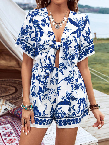 Women's Plant Print V-Neck Tie Front Jumpsuit With Plant Print Shorts