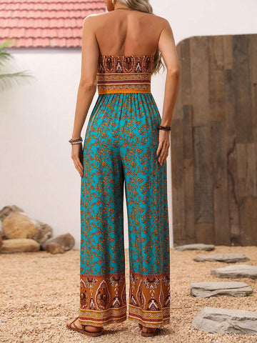 Women's Plant Print Wrap Jumpsuit