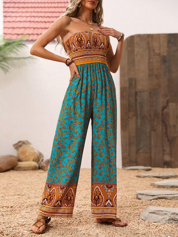 Women's Plant Print Wrap Jumpsuit