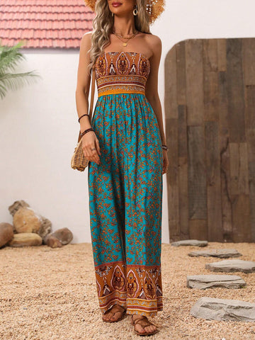Women's Plant Print Wrap Jumpsuit