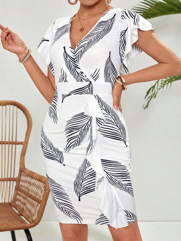 Women's Plant Printed Dress With Ruffled Hem