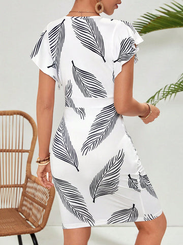 Women's Plant Printed Dress With Ruffled Hem