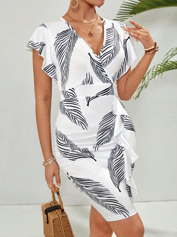 Women's Plant Printed Dress With Ruffled Hem