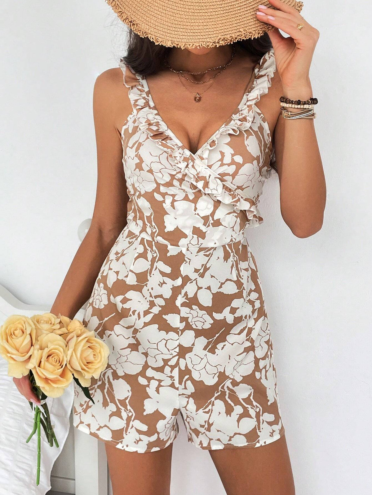 Women's Plant Printed Floral Spliced Romper With Ruffle Trim