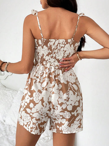 Women's Plant Printed Floral Spliced Romper With Ruffle Trim