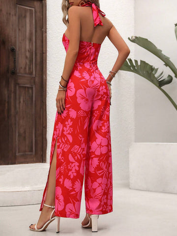 Women's Plant Printed Halter Neck Jumpsuit With High Slit Hem