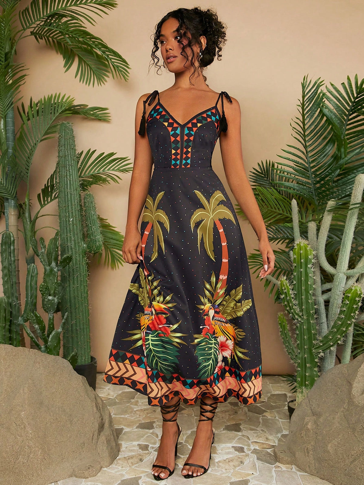 VCAY Women's Plant Printed Shoulder Knot Dress For Vacation