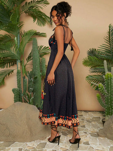 VCAY Women's Plant Printed Shoulder Knot Dress For Vacation