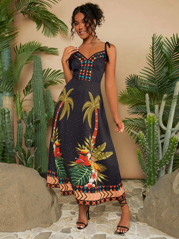 VCAY Women's Plant Printed Shoulder Knot Dress For Vacation