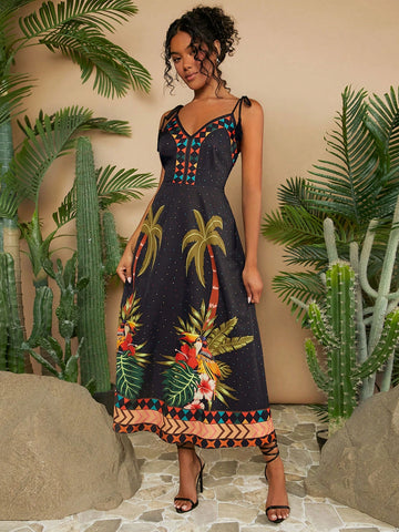 VCAY Women's Plant Printed Shoulder Knot Dress For Vacation