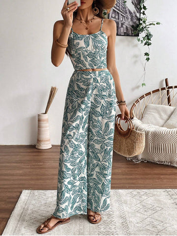 Women's Plant Printed Tank Top And Pants Set