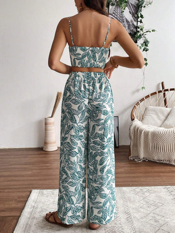 Women's Plant Printed Tank Top And Pants Set