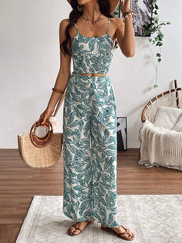 Women's Plant Printed Tank Top And Pants Set
