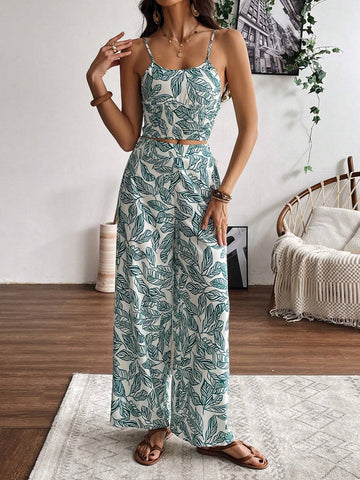 Women's Plant Printed Tank Top And Pants Set