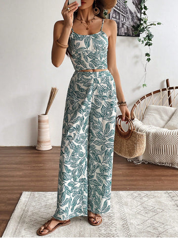 Women's Plant Printed Tank Top And Pants Set