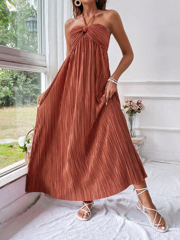 Women's Pleated Halter Twist-Knot Maxi Dress