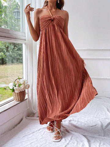 Women's Pleated Halter Twist-Knot Maxi Dress