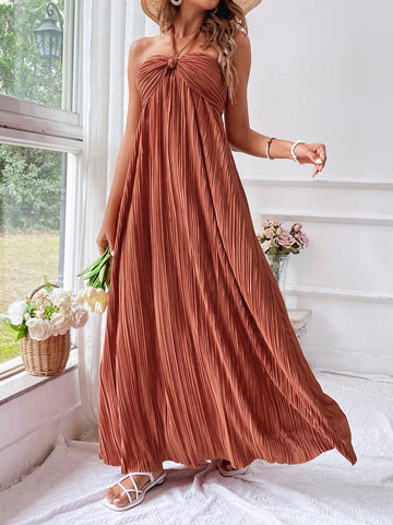Women's Pleated Halter Twist-Knot Maxi Dress