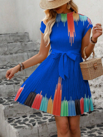 Women's Pleated Printed Off-Shoulder Short Sleeve Dress