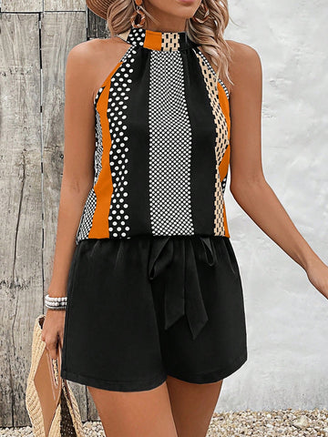 Women's Polka Dot Print Halter Neck Tank Top And Shorts Set