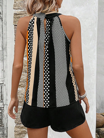 Women's Polka Dot Print Halter Neck Tank Top And Shorts Set