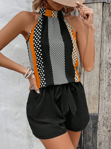 Women's Polka Dot Print Halter Neck Tank Top And Shorts Set