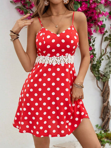 Women's Polka Dot Print Lace Trim Spaghetti Strap Dress With Waist Cutout