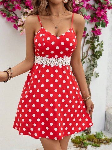 Women's Polka Dot Print Lace Trim Spaghetti Strap Dress With Waist Cutout