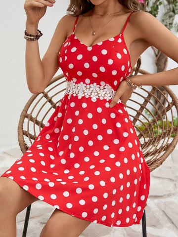 Women's Polka Dot Print Lace Trim Spaghetti Strap Dress With Waist Cutout