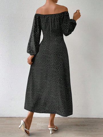 Women's Polka Dot Printed One Shoulder Lantern Sleeve Wrap Split Maxi Dress