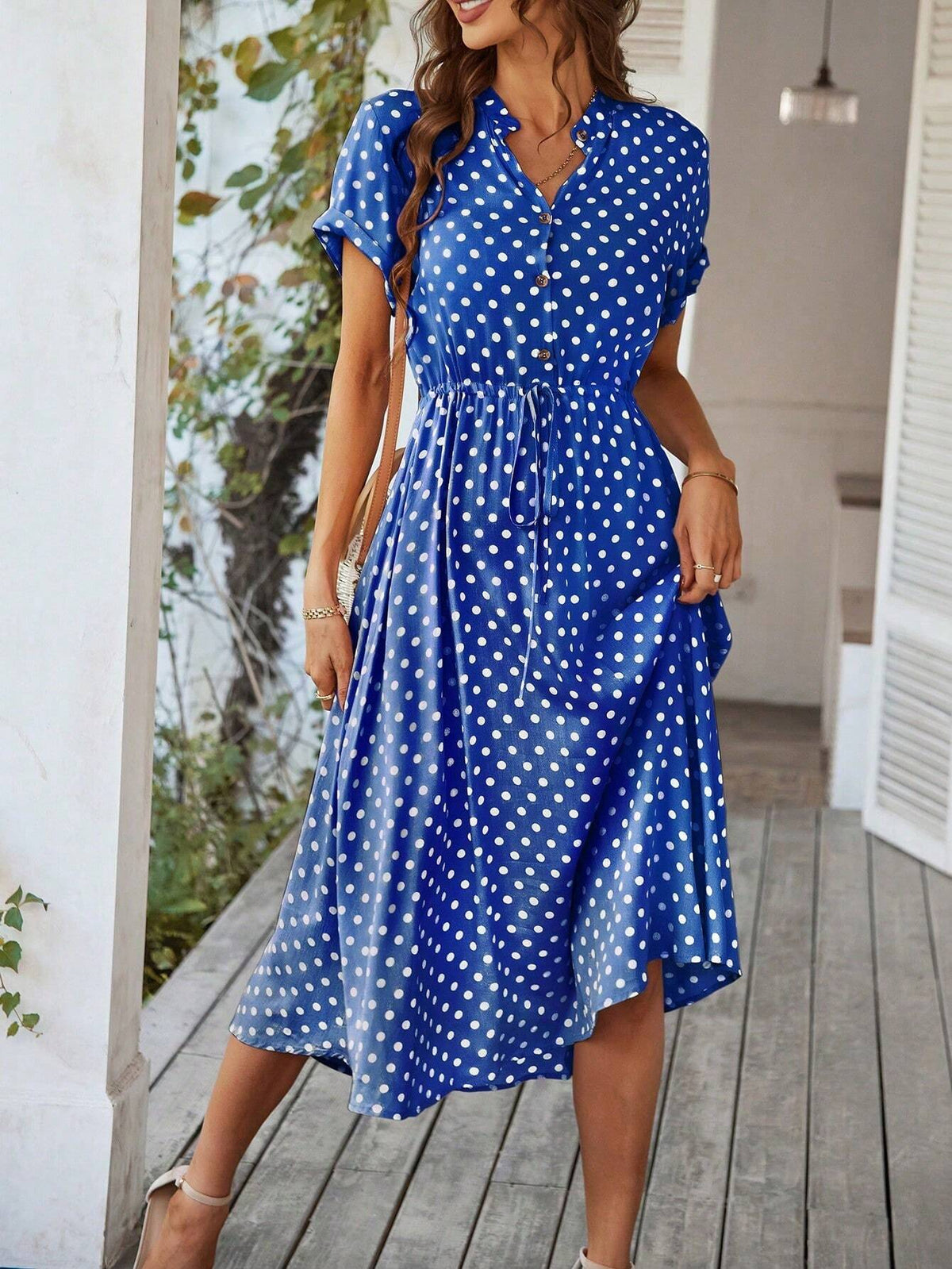 Women's Polka Dot Short Sleeve Button Front Shirt Dress