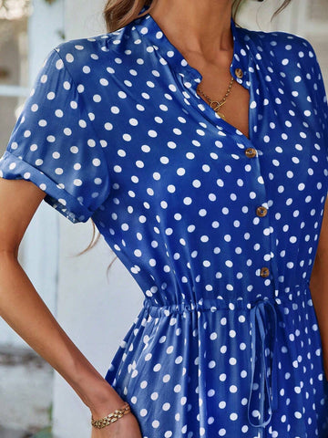 Women's Polka Dot Short Sleeve Button Front Shirt Dress