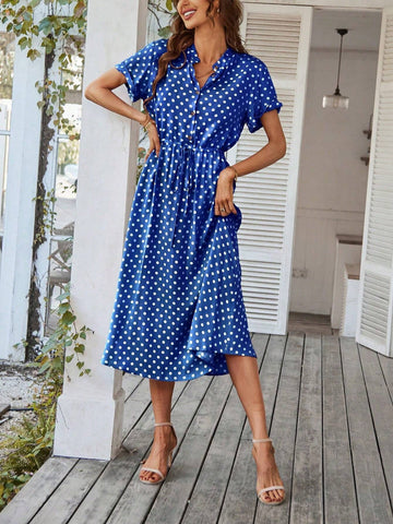 Women's Polka Dot Short Sleeve Button Front Shirt Dress